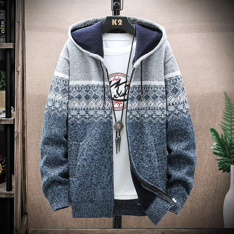 Men's Plaid Hooded Cardigan Sweater Jacket