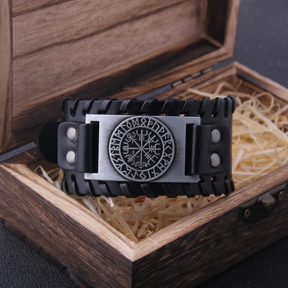 NONECN Charm Wide Leather Bracelet For Men Punk Braided Rope Alloy Cuff Bangle Viking Jewelry - Durable Zinc Alloy Cuff