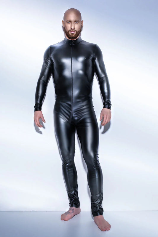 Men's Faux Leather Bodysuit - Long Sleeve Spandex Catsuit