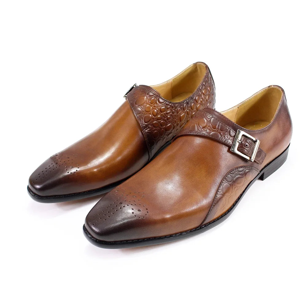 2025Handmade High Quality Genuine Leather Monk Strap Shoes for Men Block Carved Cowhide Men Dress Shoes Oxfords Men Formal Shoes