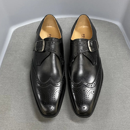 High Quality Handmade Monk Strap Genuine Leather Shoes for Men Block Carved Cowhide Men Dress Shoes Loafer Men Formal Shoes