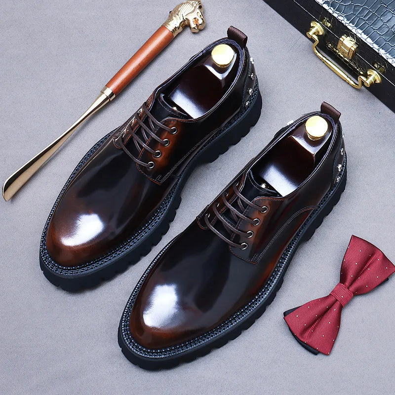 New Style 2025 Outdoor Walking Breathable Patent Genuine Leather Dress Shoes Men's Platform Handmade Wedding Party Shoes