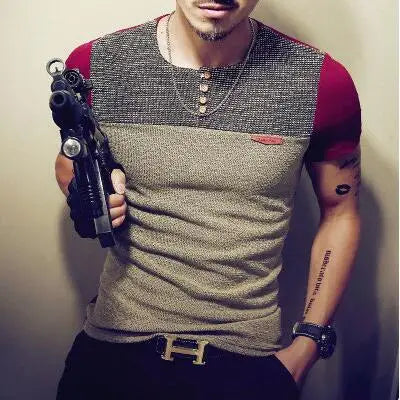 Men's Casual Patchwork T-Shirt - Short Sleeve Cotton Blend Tee