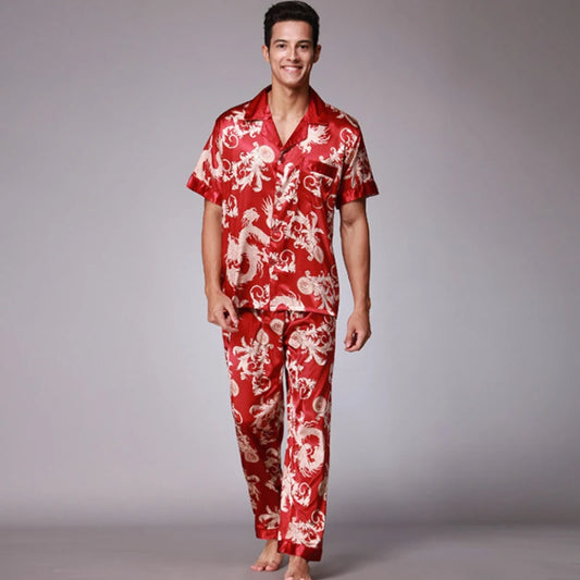 Men's Satin Pajama Set - Short Sleeve & Long Pants Loungewear