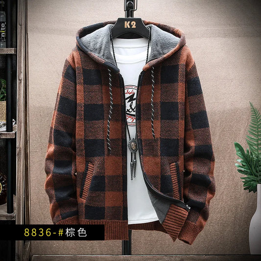 Men's Plaid Hooded Cardigan Sweater Jacket