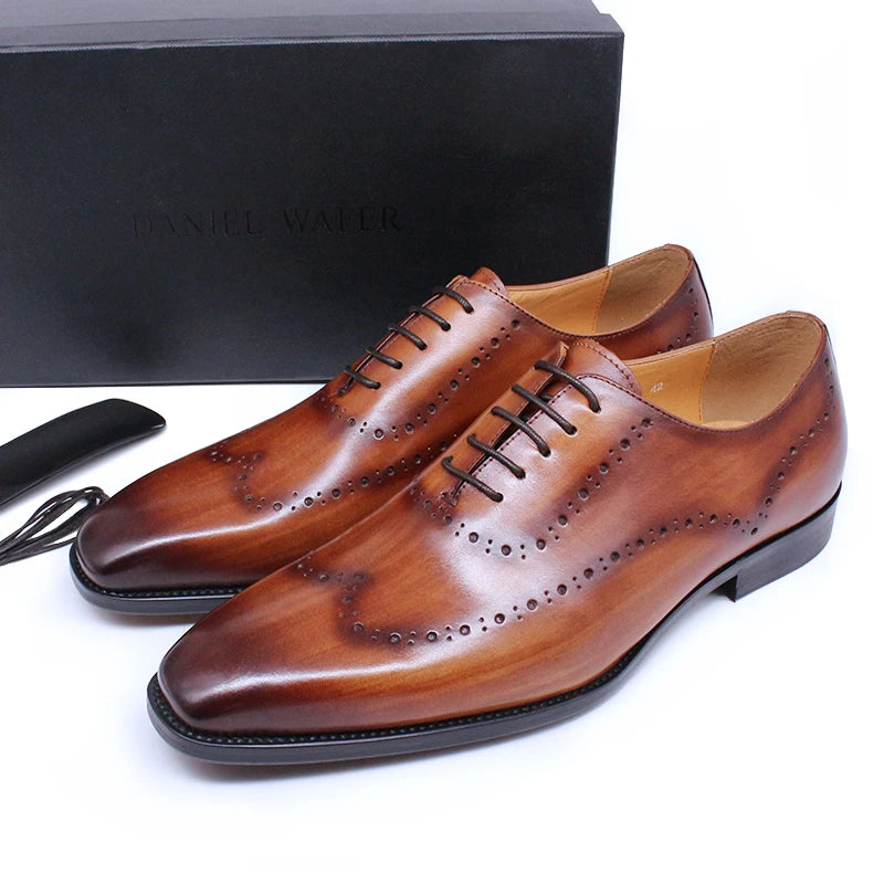 2025 New Luxury Brogue Genuine Leather Dress Shoes for Men Lace-Up Brown Wedding Party Men Office Oxford Shoes for Men