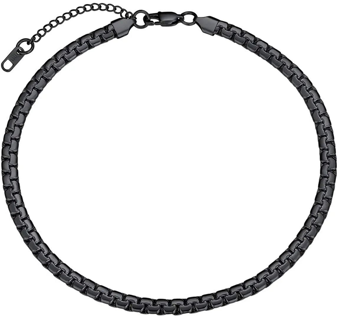 USENSETCN 4mm 6mm Flat Box Chain Stainless Steel Necklace Black Unisex - Durable Fashion Jewelry Gift