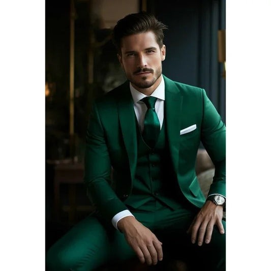3 Piece Green Notch Lapel Single Breasted Suits for Men Formal Daily Casual Slim Business Outfits Elegant Groom Wedding Tuxedo