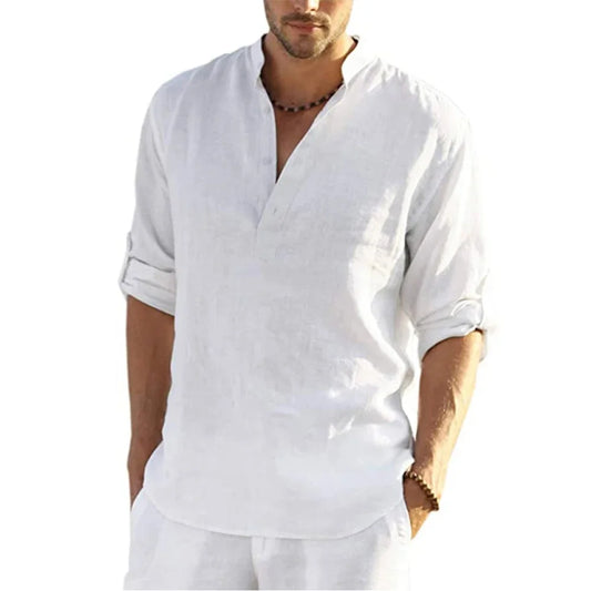 Men's Cotton Linen Casual Shirt - Long Sleeve Stand Collar
