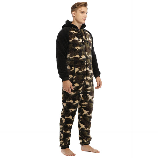 Men's Hooded Fleece Onesie - Camouflage Winter Jumpsuit