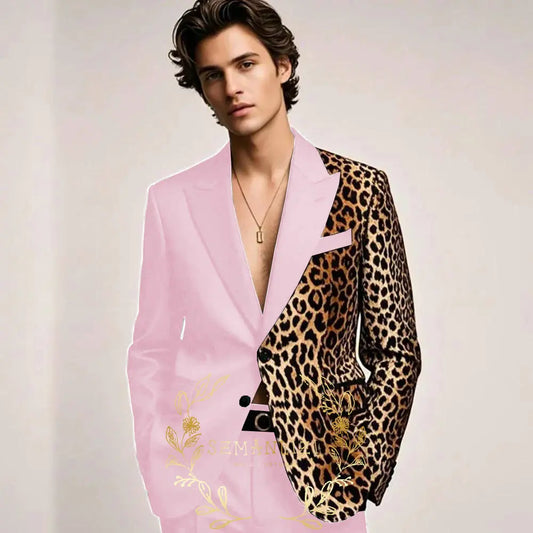 Fashion Suit for Men Leopard Print Peaked Lapel Slim Fit 2 Piece Jacket Pants Blazer Wedding Party Tuxedo Male Clothing