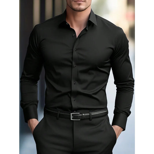 Men's Solid Color Elastic Long Sleeve Four Seasons Smart Casual Business Shirt