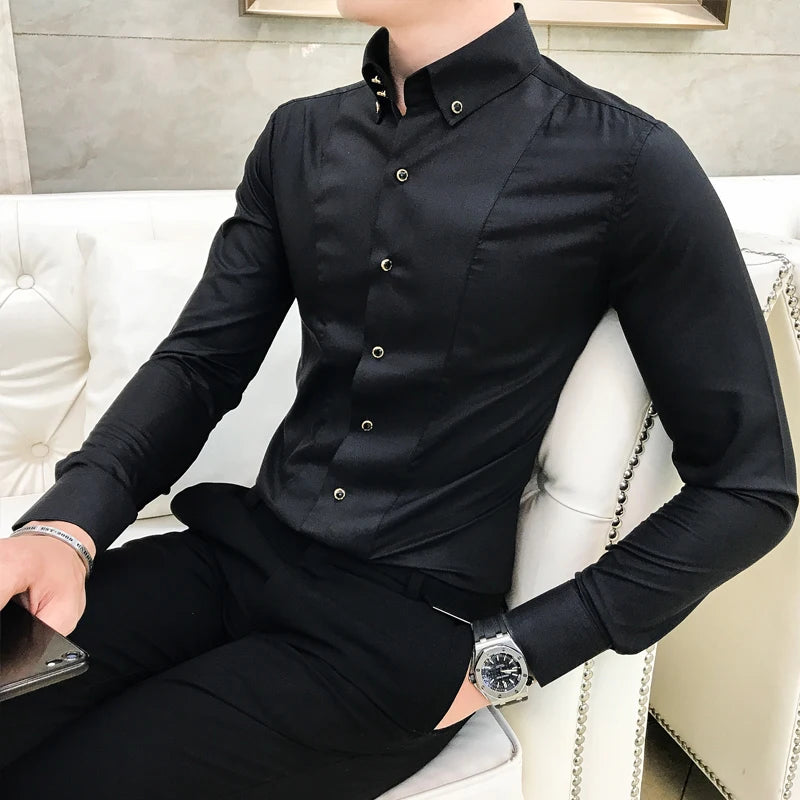 Men's Shirts Luxury Brand New Long Sleeve Elegant Shirts for Men Clothing Slim Fit Casual Mens Dress Shirts Formal Black/White