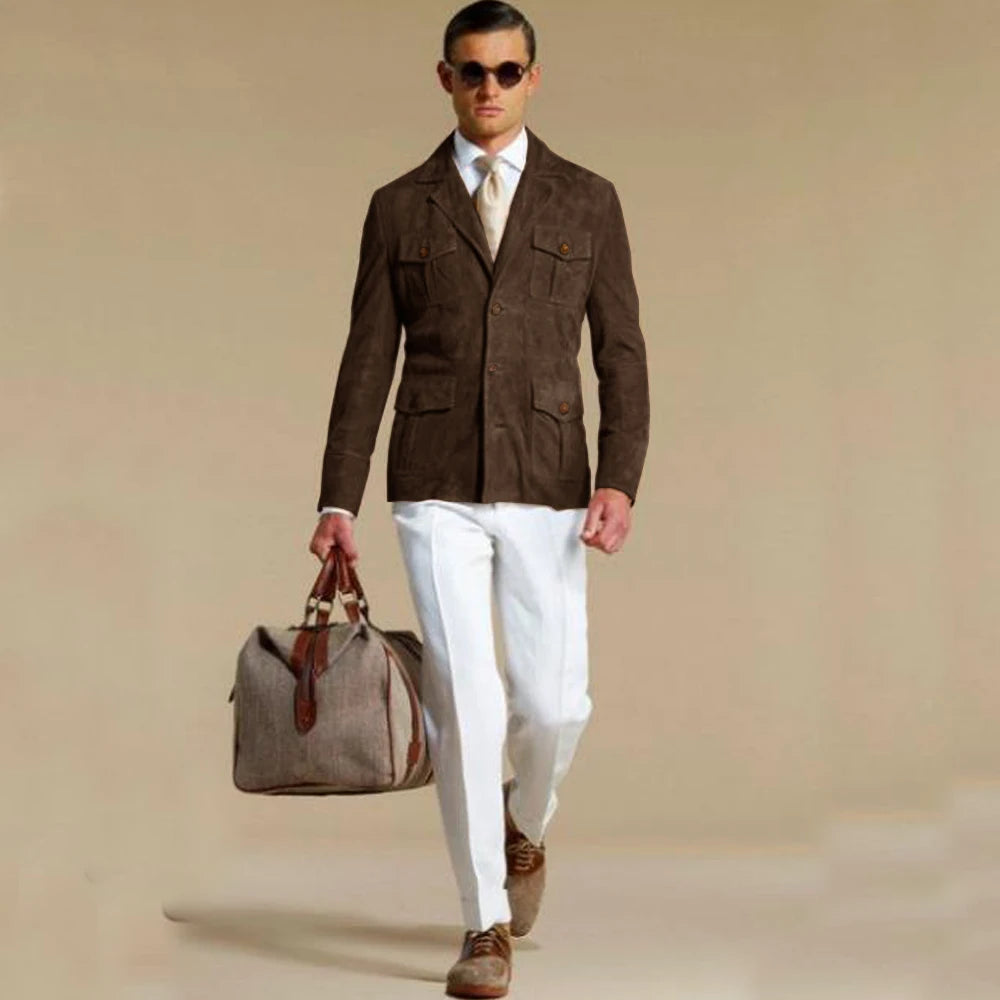 Men's Elegant Suede Blazer Single-breasted Modern Multiple Pockets Lapel Blazers Fashion
