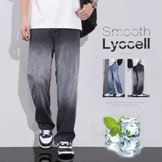 Men's Gradient Grey Loose Fit Jeans - Lyocell Fabric Wide Leg Pants