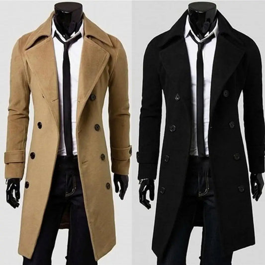 Men's Double-Breasted Trench Coat - Classic Wool-Lined Outerwear