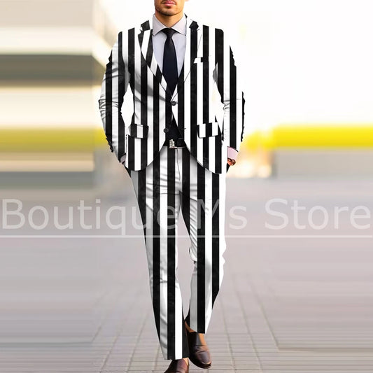 Men's Black and White Vertical Striped 2 Piece Suit Chic Single Breasted Outfit Party Prom Business Casual Formal Male Suit