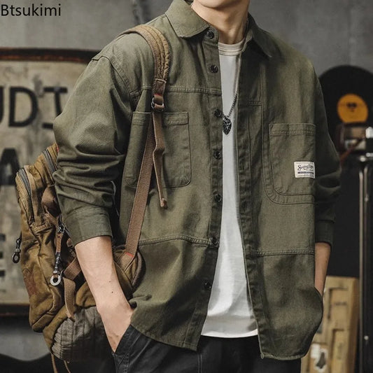 Men's Brown Workwear Shirt Jacket with Pocket Spring and Autumn Loose Japanese Retro Casual Long Sleeved Shirts
