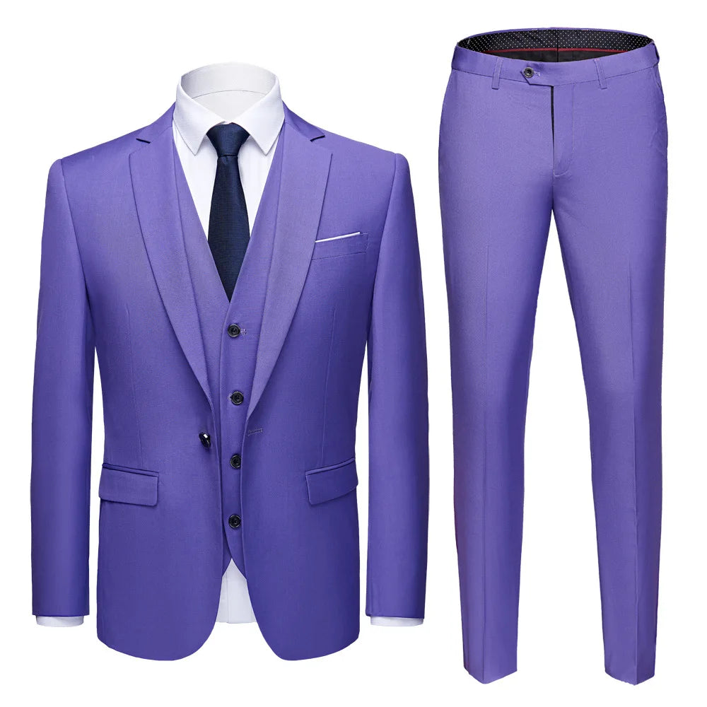 Men Suit Set Simple Solid Color Long Sleeve Male Outfit Single-breasted Slim Business Wedding Versatile Men Three-piece Suits