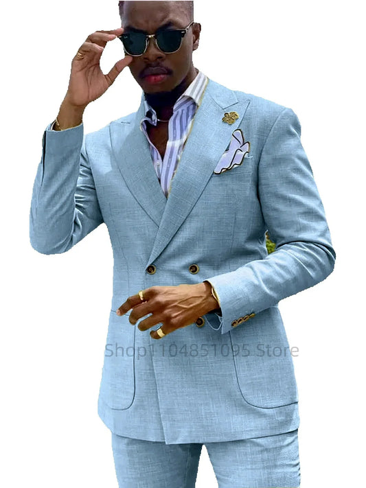 Casual Summer Linen Slim Fit Suits for Men Double Breasted Peaked Lapel Man 2 Piece Outfit Set Blazers with Pants Wedding Suits