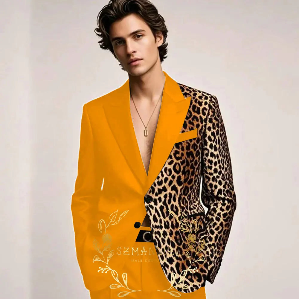 Fashion Suit for Men Leopard Print Peaked Lapel Slim Fit 2 Piece Jacket Pants Blazer Wedding Party Tuxedo Male Clothing