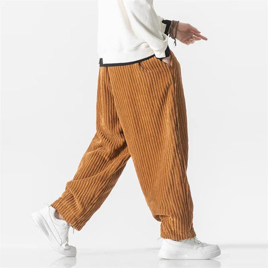 Men's Corduroy Harem Pants - Loose Fit Casual Joggers with Drawstring