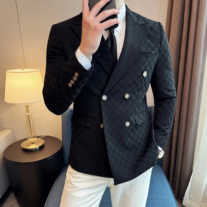 6 Color Luxury Double Breasted Blazers Coats 2024 New Fashion Checkered Business Slim Fit Social Formal Suit Jacket 5XL-M