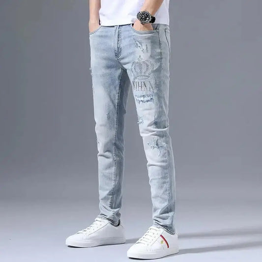 Men's Embroidered Slim Fit Denim Jeans - Stretch Ripped Design
