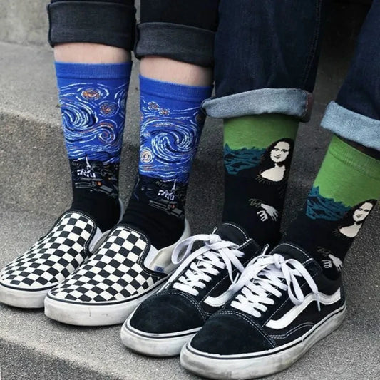 Men's Van Gogh Starry Night Art Socks - 2 Pack Cotton Crew Socks