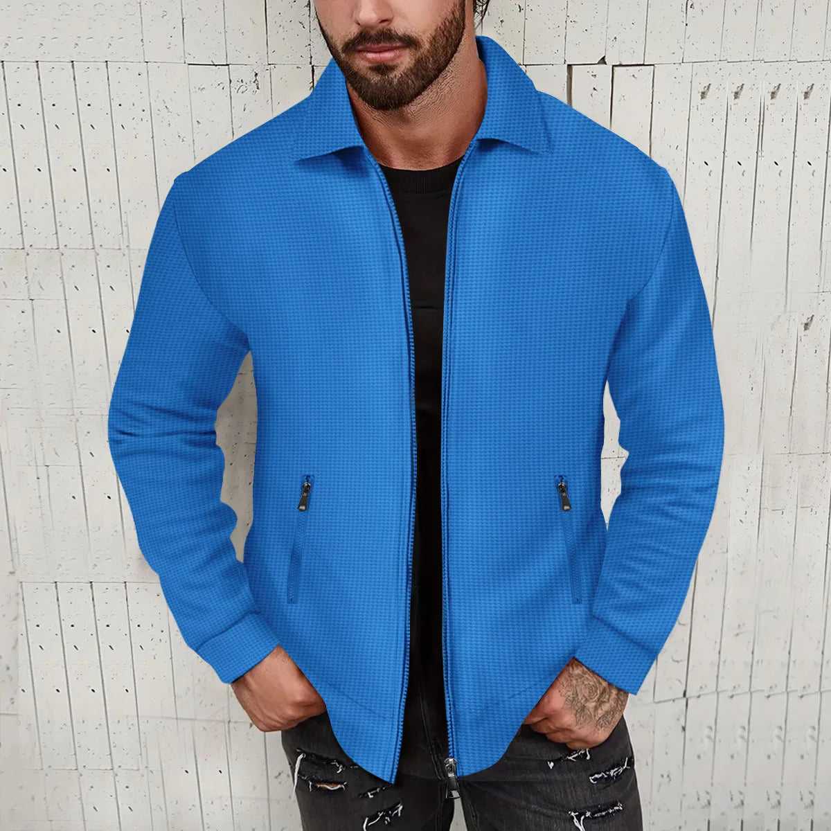European and American cross-border waffle long-sleeved zipper jacket casual men's autumn coat