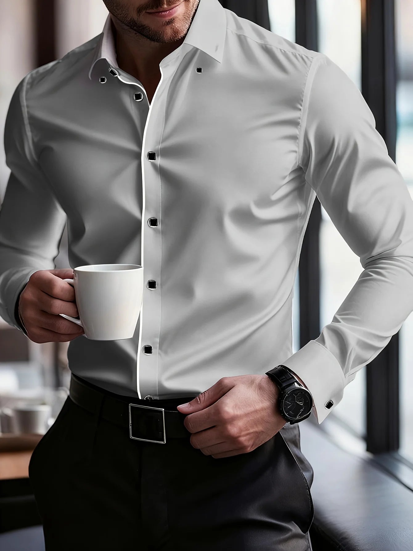 FGKKS Men's Professional Patchwork Dress Shirt - Long Sleeve Business Casual