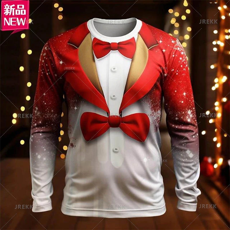3D Printing Happy Christmas Long Sleeve T Shirt Suit Lapels Christmas Cosplay Graphic Long Sleeve Crew Neck Shirt Mens Clothing