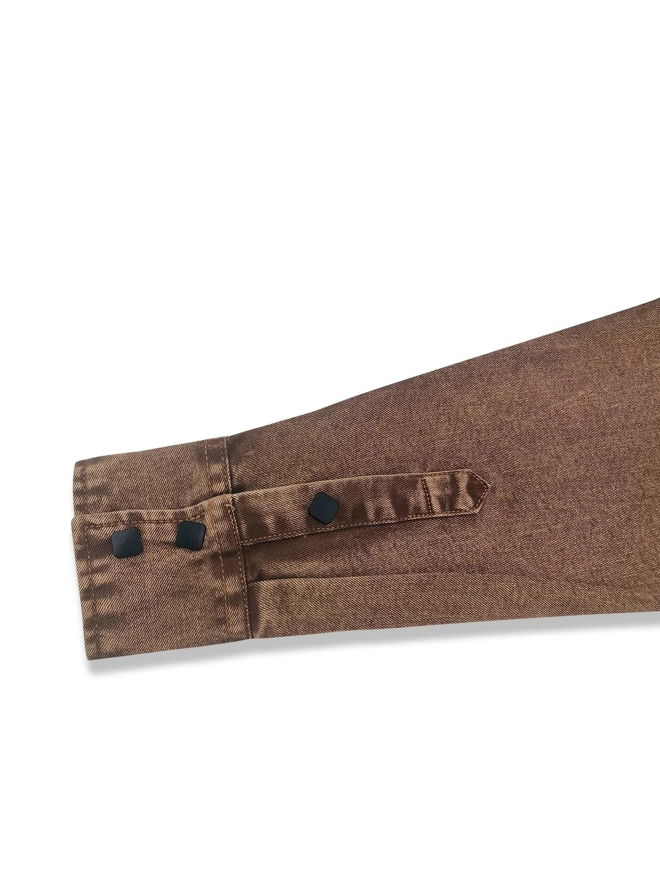 Men's Vintage Washed Denim Long Sleeve Shirt Hand-Washed Workwear Style Brown Shirt with Double Pockets and Diamond Buttons