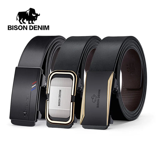 BISON DENIM Men's Genuine Leather Belt with Automatic Buckle