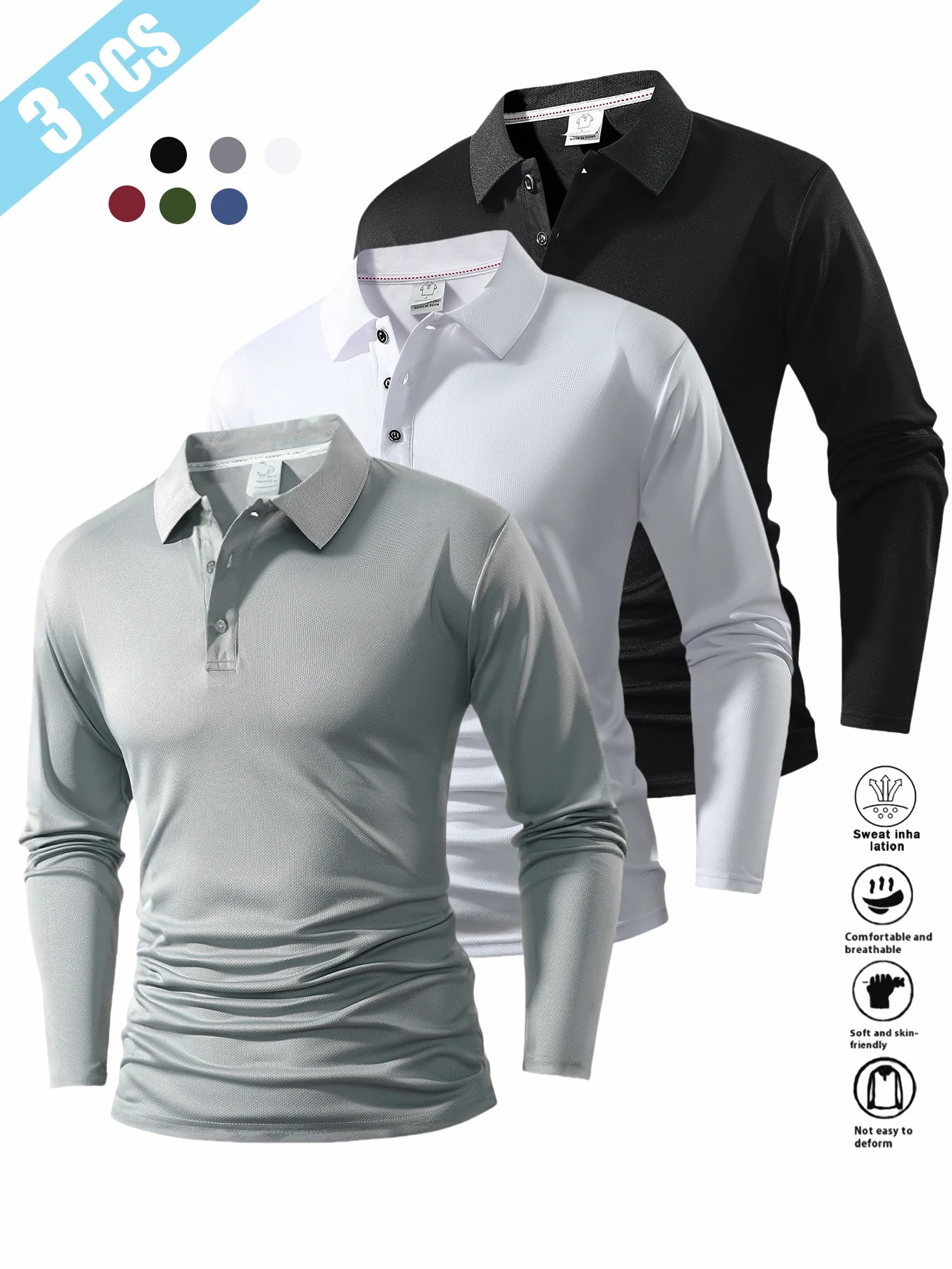 Men's Long Sleeve Shirt in Three-Piece Set, Autumn-Winter Collar Design, Solid Color, Flat Fabric, Multiple Color Options, Casual Business Wear
