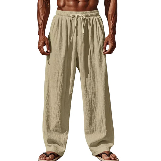 Men's Cotton Linen Casual Pants - Straight Leg Drawstring Trousers
