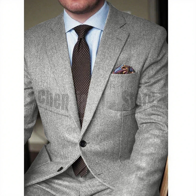 Brown Herringbone Tweed Casual Men Suits for Winter 2 Piece Wedding Groomsmen Tuxedo Male Suit Jacket with Pants New Fashion