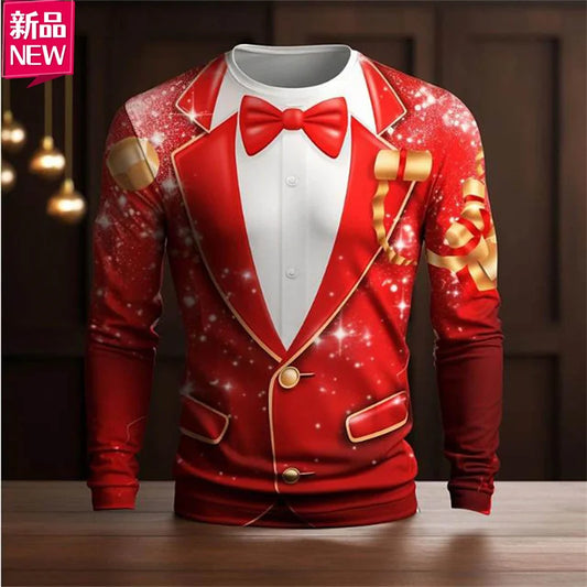 3D Printing Happy Christmas Long Sleeve T Shirt Suit Lapels Christmas Cosplay Graphic Long Sleeve Crew Neck Shirt Mens Clothing