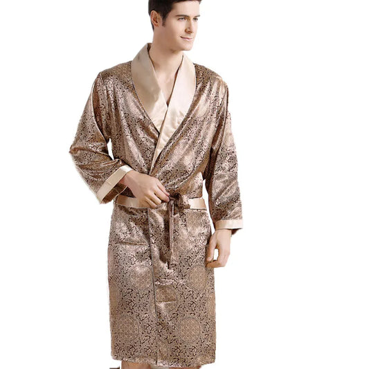 Men's Luxury Silk Bathrobe - Geometric Print Kimono Robe
