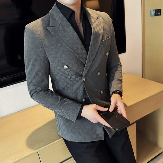 6 Color Luxury Double Breasted Blazers Coats 2024 New Fashion Checkered Business Slim Fit Social Formal Suit Jacket 5XL-M