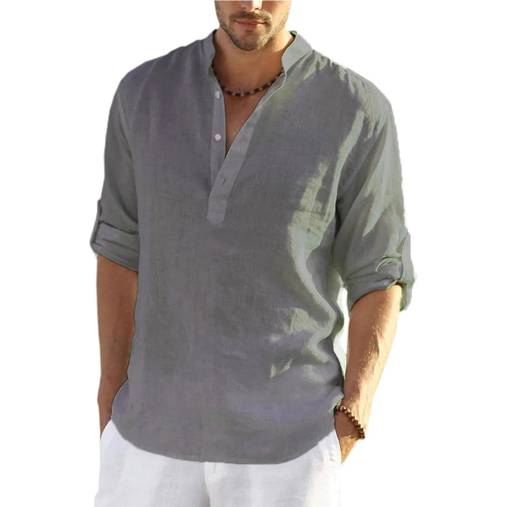Men's Cotton Linen Casual Shirt - Long Sleeve Stand Collar