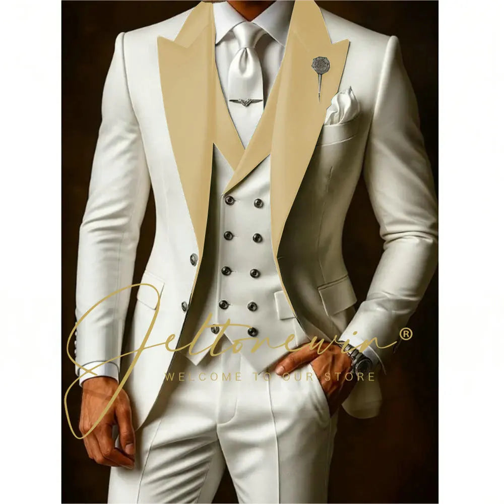 White Suit Set For Men Wedding Party Fashion Blazer Vest Pants Formal Groom Groomsmen Tailor-made Male High Quality Tuxedos