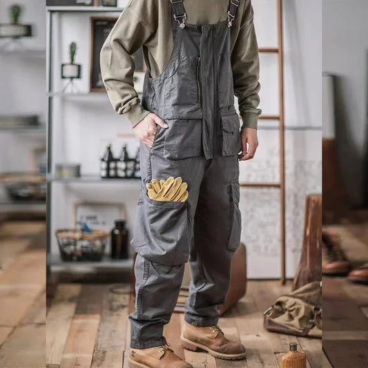 Men's Cotton Overalls - Loose Fit Suspender Jumpsuit