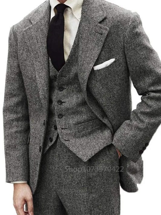 3 Piece Gray Wool Tweed Winter Men Suit's For Wedding Formal Groom Tuxedo Herringbone Male Fashion Suit (Jacket + Vest + Pants)