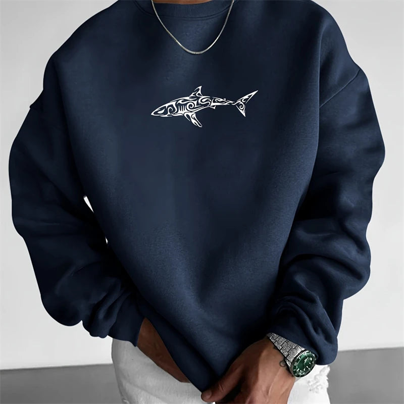 Men's 3D Fish Graphic Crew Neck Sweatshirt - Casual Oversized Pullover