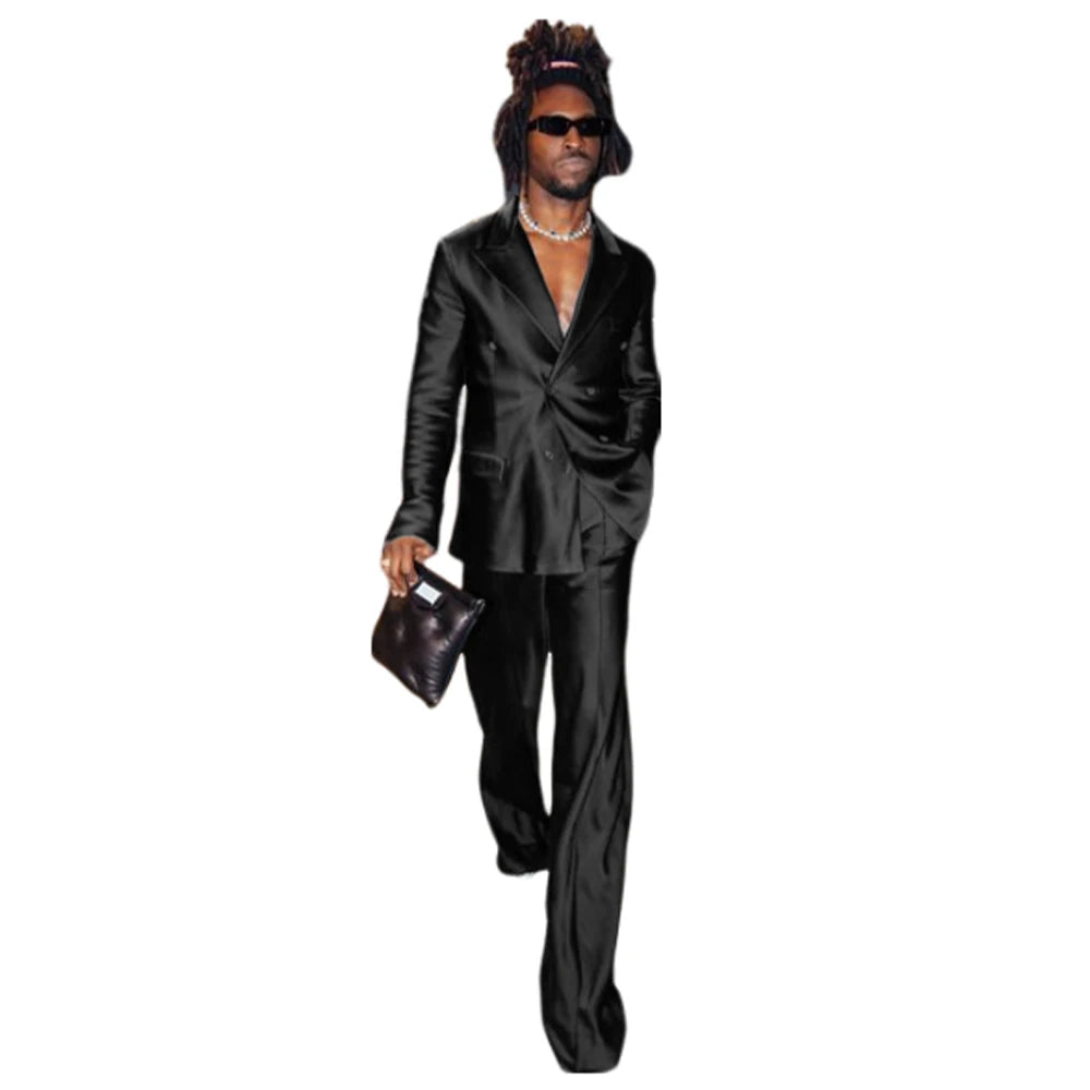 Men's Suit Satin Men Costume Luxurious Double Breasted Complete 2 Pieces Suit Peaked Lapel Jackets Dancing Party Fashion