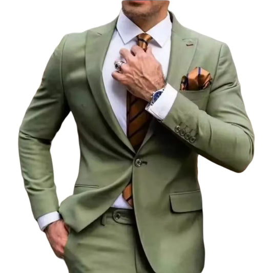 2-piece fashionable green men's suit, split collar jacket, long pants, men's clothing, slim fit, business men's formal