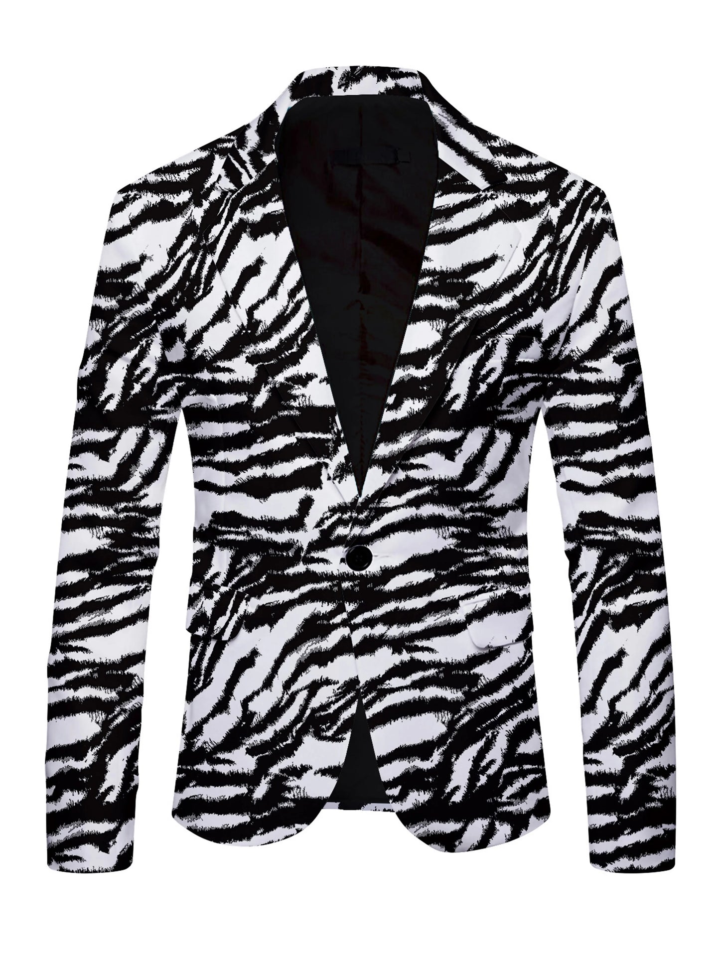 Men's Casual Printed Black and White Striped Stylish Slim-Fit Suit Jacket, Long-Sleeved Single-Button Suit