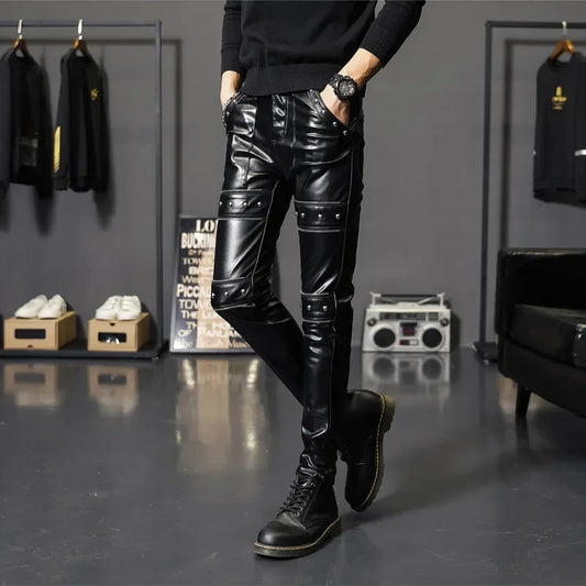 Men's Faux Leather Biker Pants - Slim Fit Motorcycle Trousers