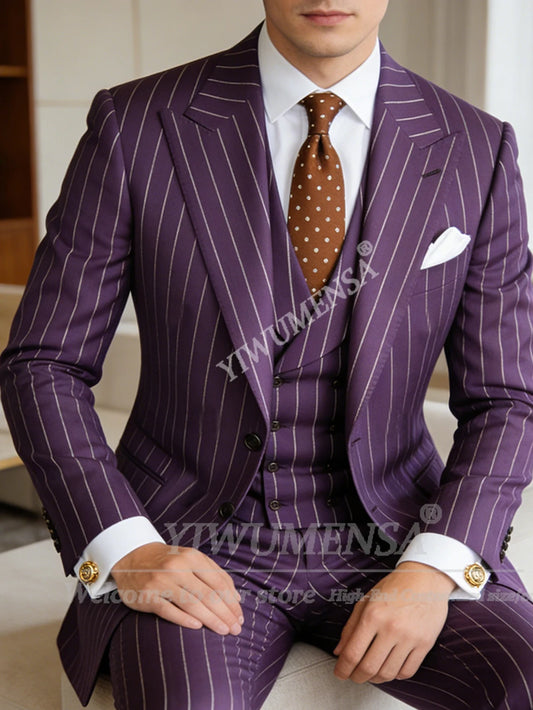 White Vertical Striped Suit Men Single Breasted Groom Blazers Customized 3 Piece Sets Man Business Party Tuxedos Costumes Hommes